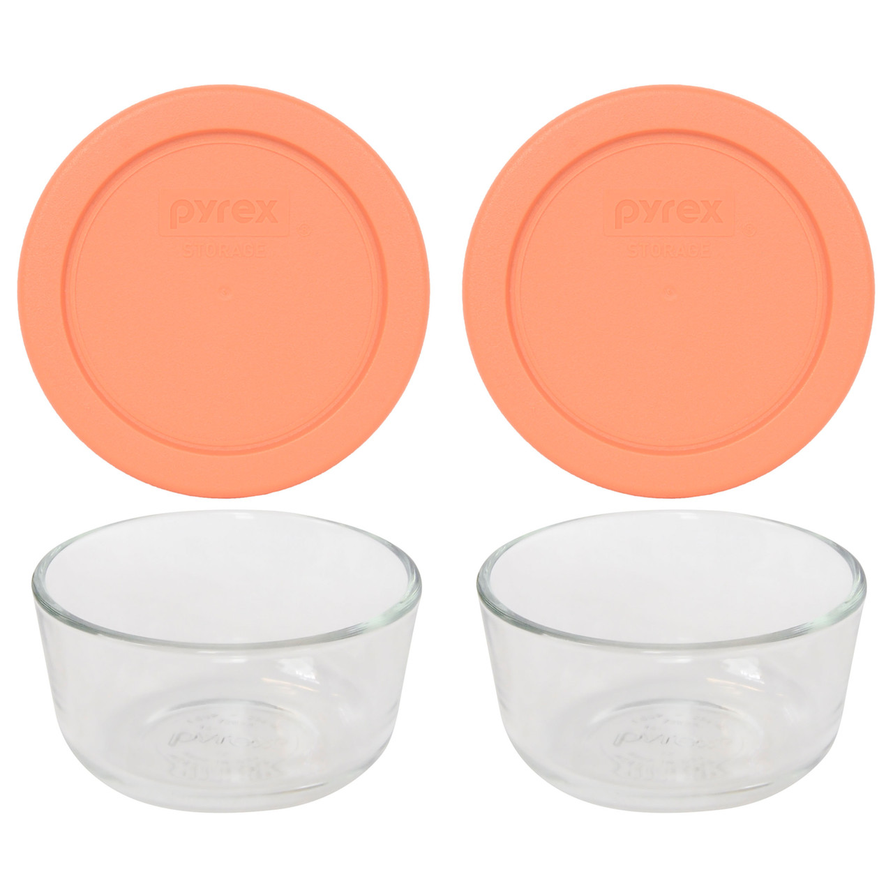 Pyrex 7202 1-Cup Clear Round Glass Food Storage Bowl and 7202-PC Bahama Sunset Orange Lid (4-Pack)