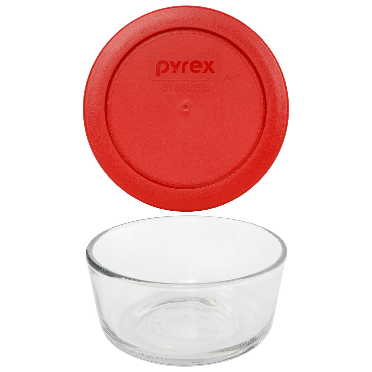 Pyrex (4) 7200 2-cup Glass Bowls, & (4) 7200-PC Red Plastic Lids