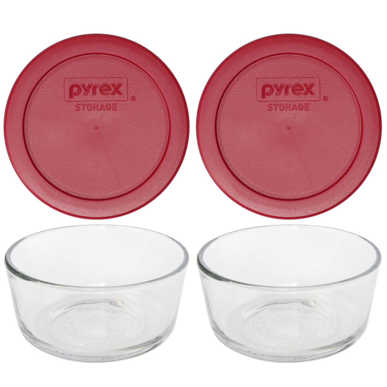 Pyrex (2) 7200 2 Cup Glass Bowls and (2) 7200-PC Red Food Storage Lids - Made in USA