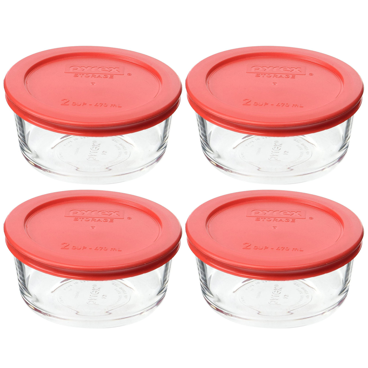 Pyrex (4) 7200 2-cup Glass Bowls, & (4) 7200-PC Red Plastic Lids