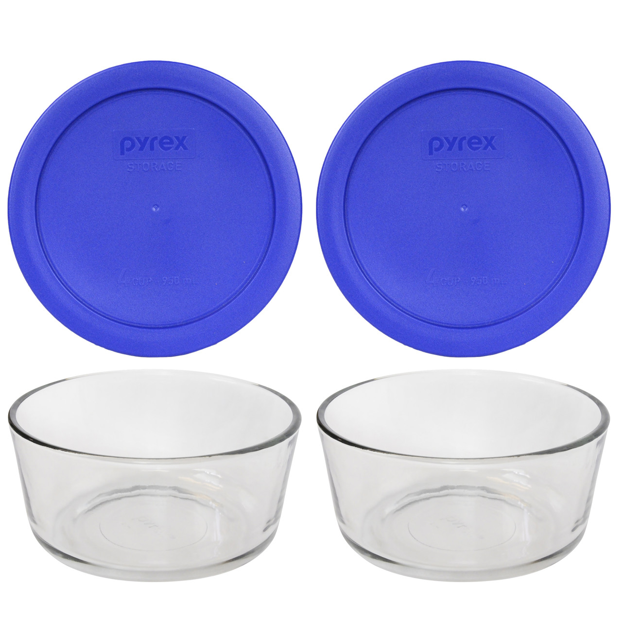 Pyrex (2) 7201 4-Cup Glass Food Storage Bowls and (2) 7201-PC Meyer Lemon  Yellow Plastic Lids 