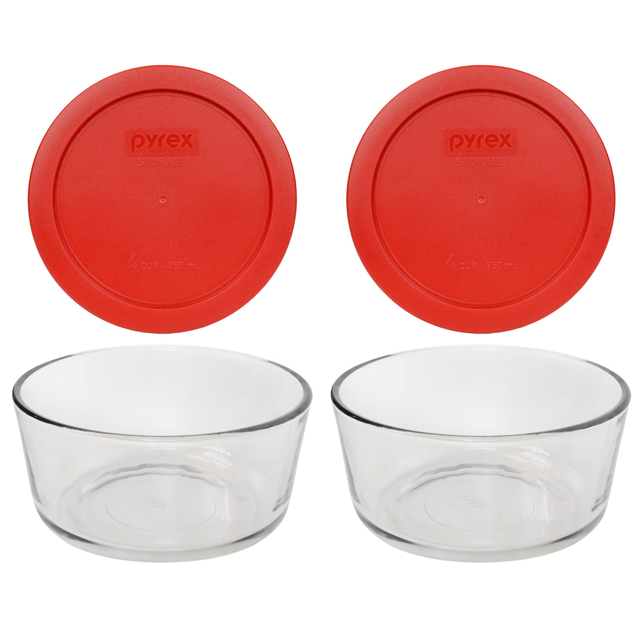 Pyrex (2) 7200 2 Cup Glass Bowls and (2) 7200-PC Red Food Storage Lids - Made in USA