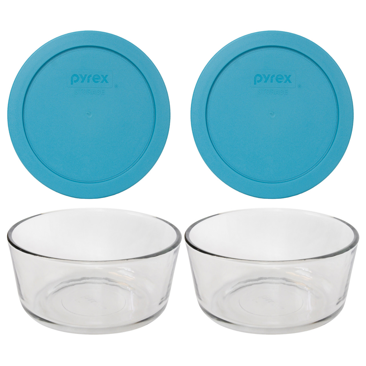 Pyrex (4) 7201 4-Cup Glass Food Storage Bowls w/ (4) 7201-PC 4-Cup Cadet Blue Lid Covers