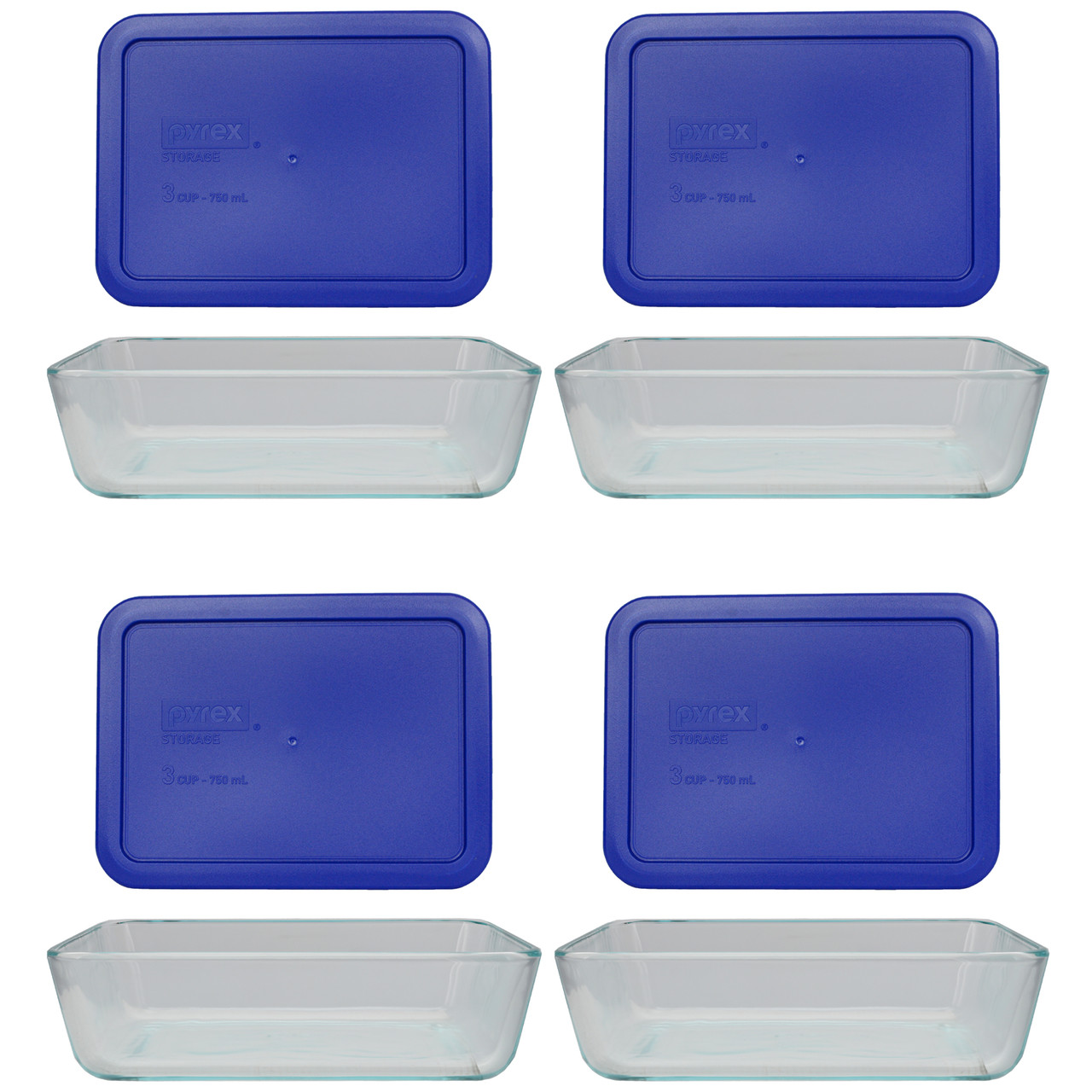 Pyrex Storage 6-Cup Rectangular Dish with Dark Blue Plastic Cover Clear Box of 4 Containers