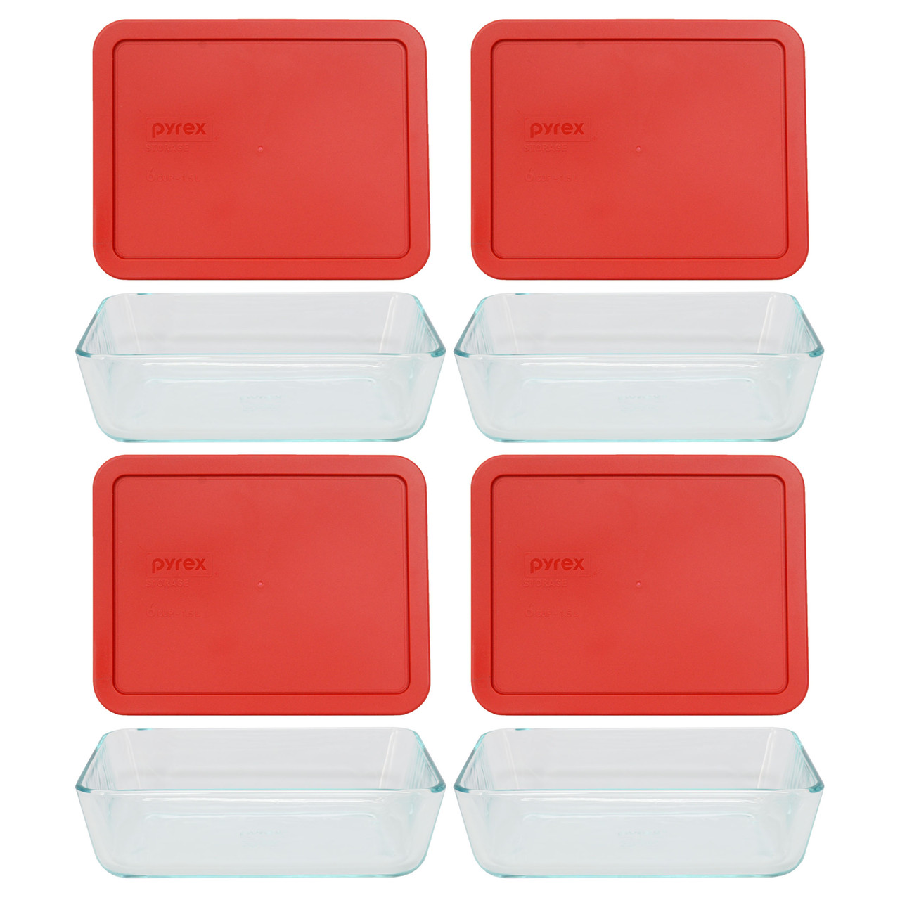 Pyrex 7211 6-Cup Glass Food Storage Dish and 7211-PC Poppy Red Plastic Lid (4-Pack)