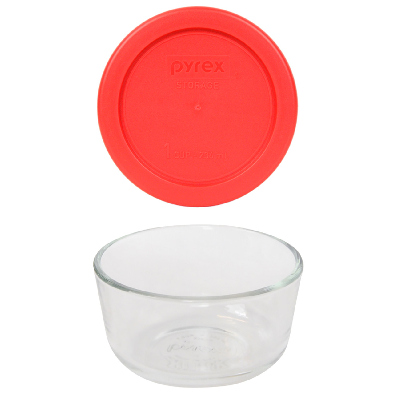 Pyrex (2) 7202 1-Cup Glass Bowls & (2) 7202-PC 1-Cup Lids