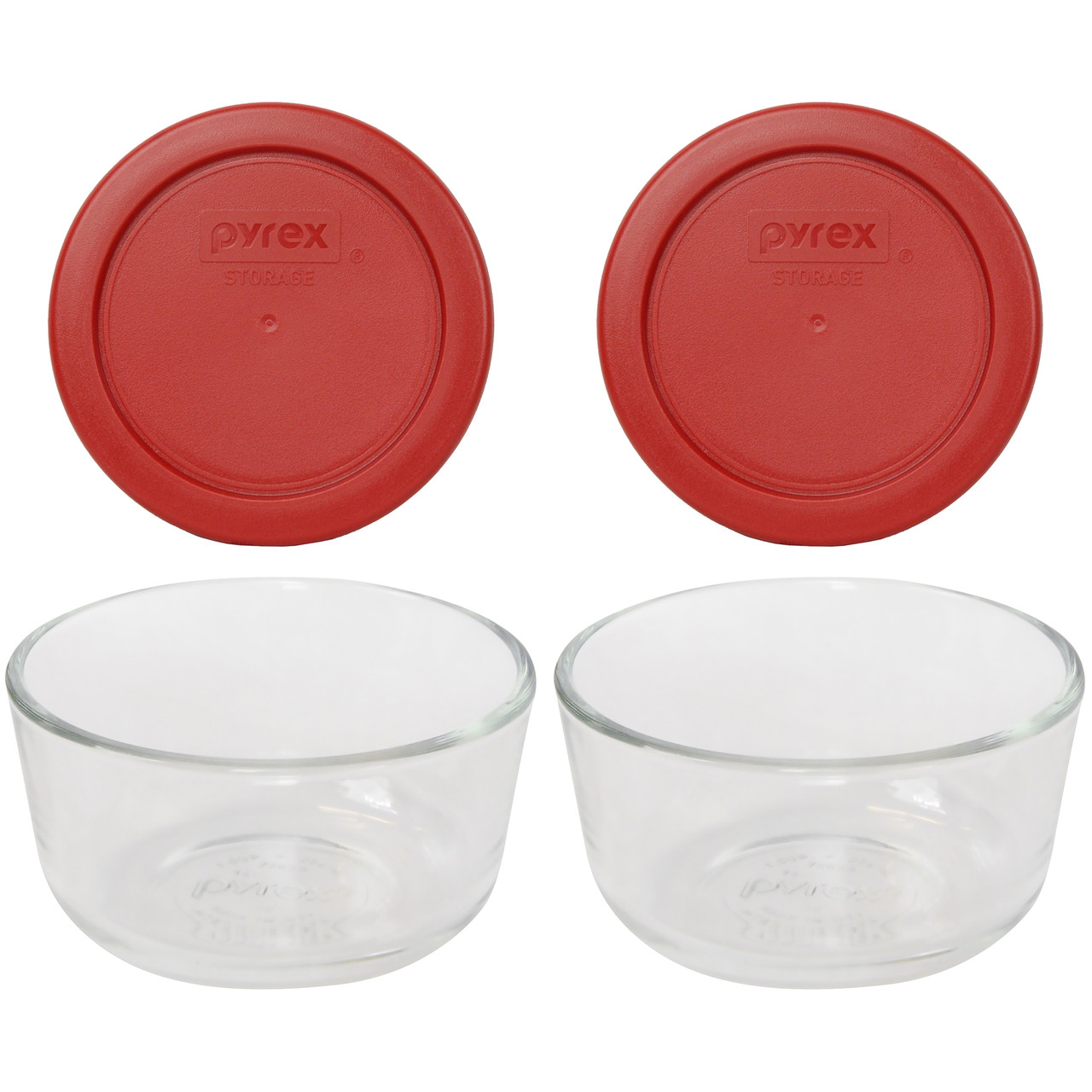 Pyrex 7202 1-Cup Glass Food Storage Bowls w/ Pyrex 7202-PC Poppy Red Lid Cover (4-Pack)