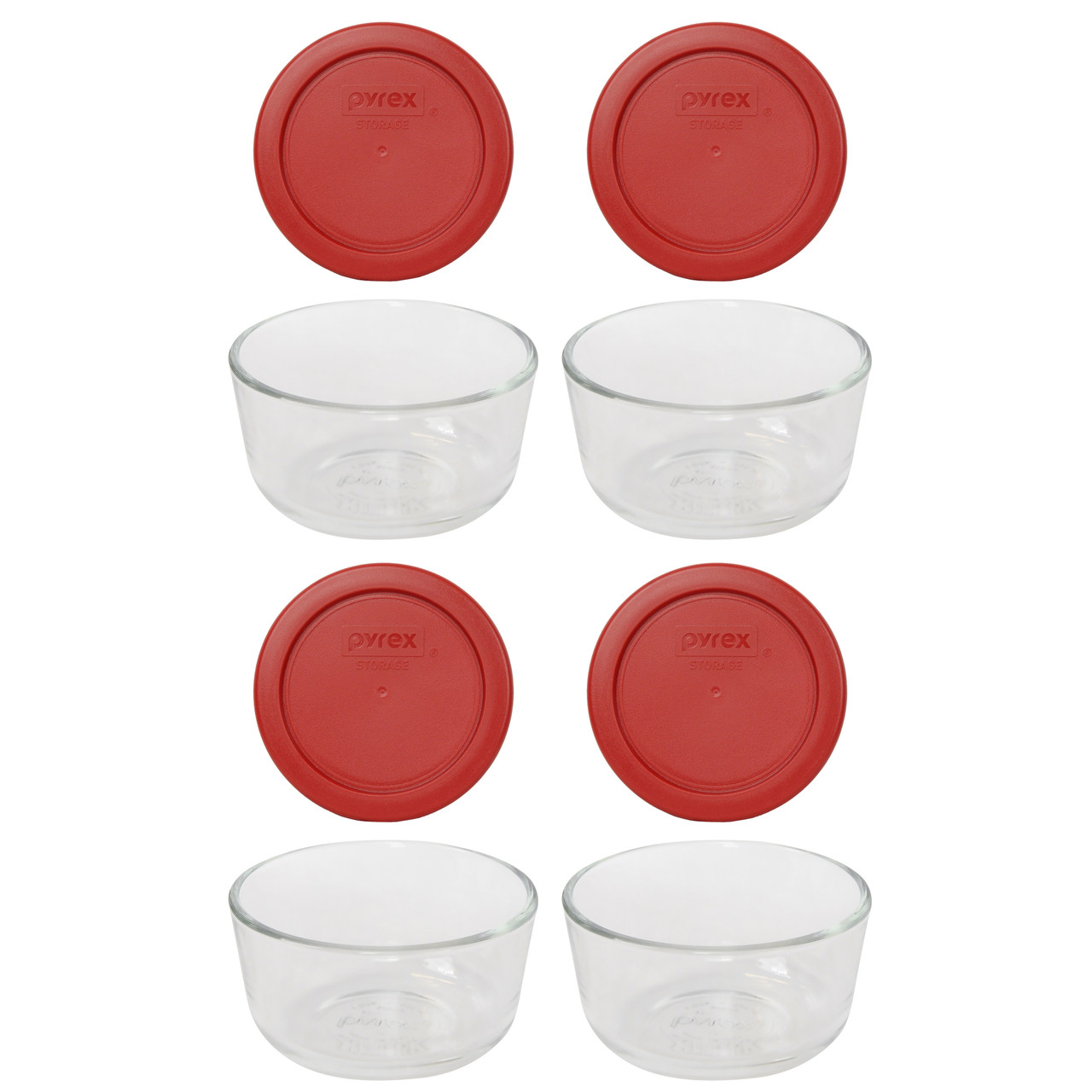 Pyrex 7202 1-Cup Glass Food Storage Bowls w/ Pyrex 7202-PC Poppy Red Lid Cover (4-Pack)