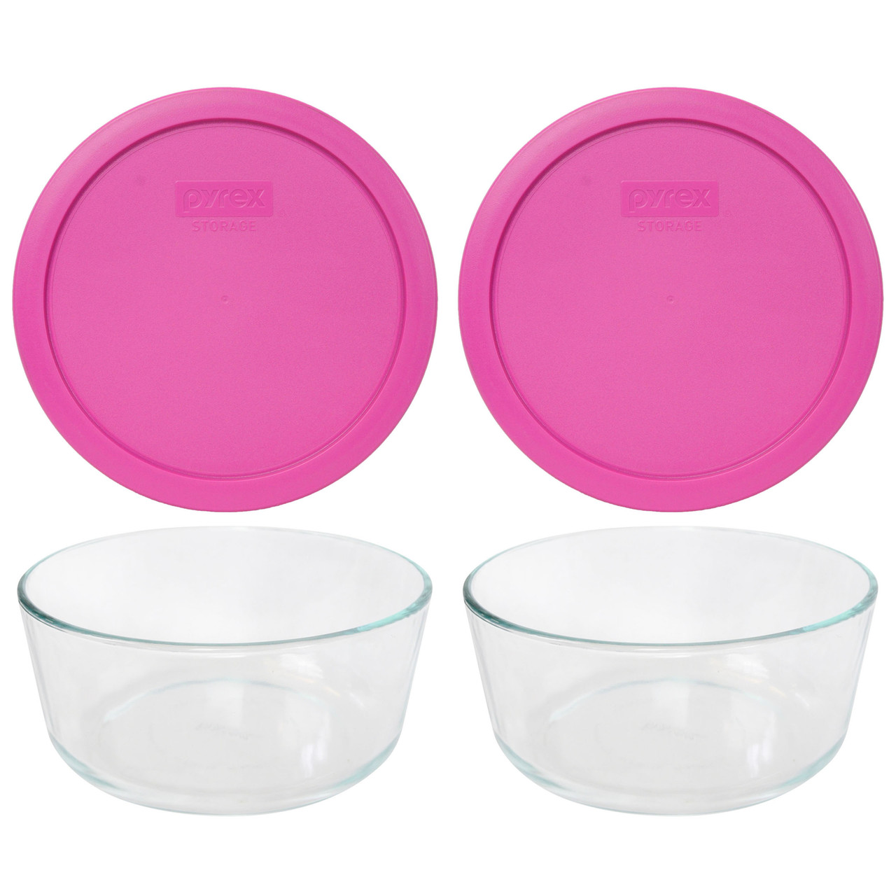 Pyrex 7203 7-Cup Round Glass Food Storage Bowl with 7402-PC Loring Pink Plastic Lid Cover (4-Pack)