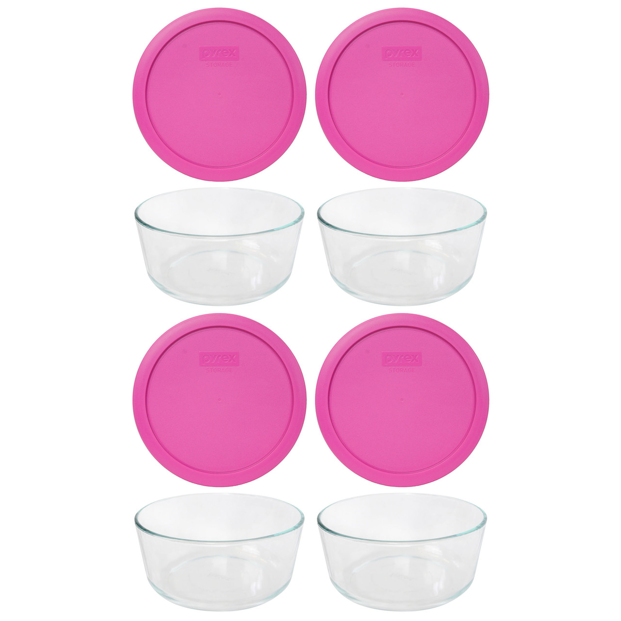 Pyrex 7203 7-Cup Round Glass Food Storage Bowl w/ 7402-PC Pink Plastic Lid Cover (4-Pack)