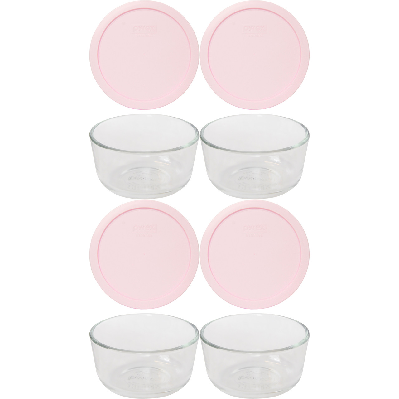 Pyrex 7203 7-Cup Round Glass Food Storage Bowl with 7402-PC Loring Pink Plastic Lid Cover (4-Pack)