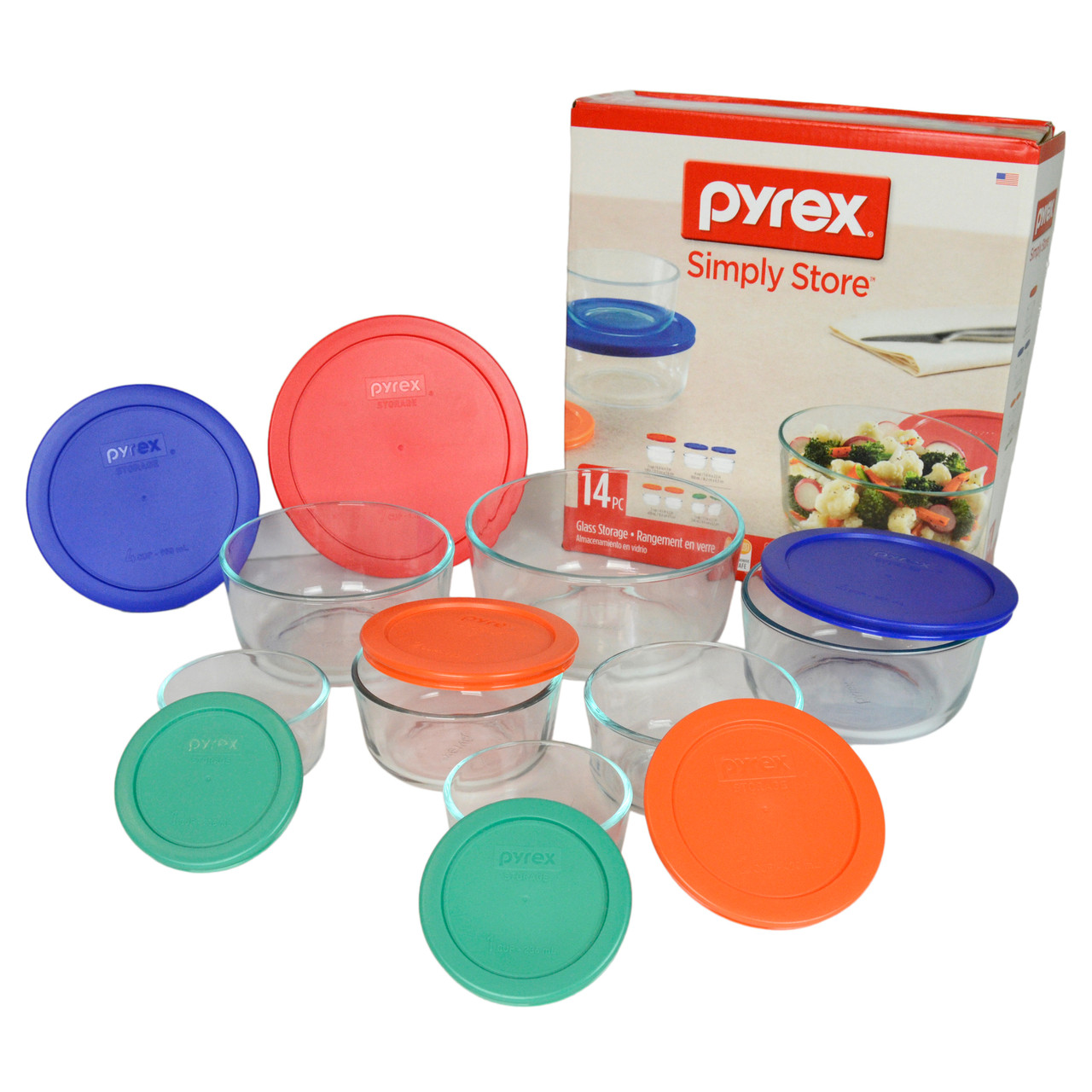 Pyrex 14pc Glass Storage Bowl Set with Colorful BPA-Free Plastic