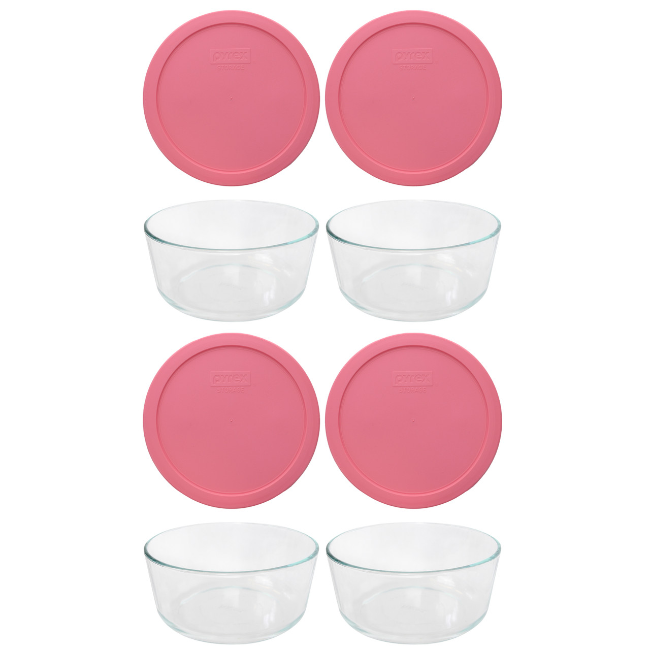 Pyrex (4) 7203 7-Cup Glass Bowls & (4) 7402-PC Retro Pink Pantone Lids -  Made in the USA