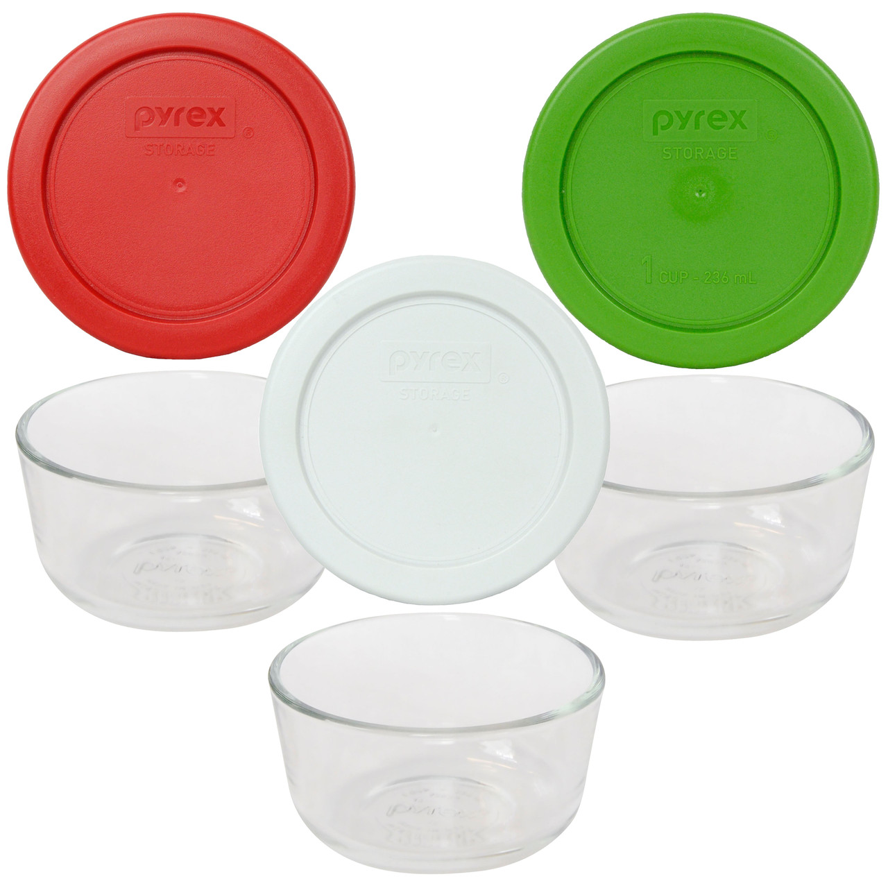 Pyrex (3) 7202 1 Cup Clear Glass Storage Bowls with 7202-PC (3) Red & (3)  Blue Plastic Lids, Made in USA