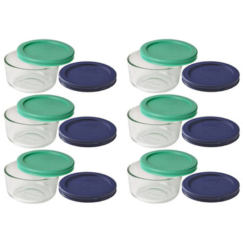 Pyrex (6) 7202 1 Cup Glass Dish & (6) 7202-PC 1 Cup Blue and (6) 7202-PC Green Replacement Lid Covers