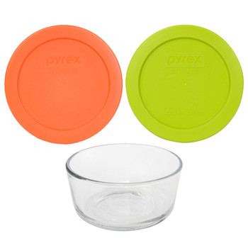 Pyrex Simply Store 7200 2-Cup Glass Storage Bowl w/ (1) 7200-PC Orange & (1) Edamame Green 2-Cup Lid Cover