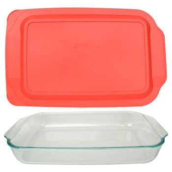 Pyrex (1) 234 4-Quart Rectangle Glass Baking Casserole Dish & (1) 234-PC Red Plastic Lid Cover