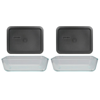 Pyrex (2) 7210 3-Cup Glass Dishes & (2) 7210-PC Charcoal Gray Lids