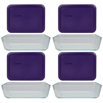 Pyrex (4) 7210 3-Cup Glass Food Storage Dishes & (4) 7210-PC Plum Purple Plastic Lids