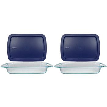 Pyrex (2) C-233 3qt Easy Grab Glass Baking Dishes & (2) C-233-PC 3qt Blue Easy Grab Lids Pyrex (2) C-233 3qt Easy Grab Glass Baking Dishes & (2) C-233-PC 3qt Blue Easy Grab Lids