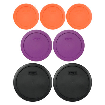 Pyrex (3) 7200-PC Orange Lids, (2) 7201-PC Thistle Purple Lids, and (2) 7402-PC Black Lids