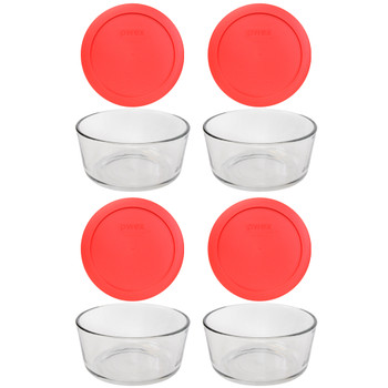 Pyrex 7201 4-Cup Round Glass Food Storage Bowl w/ 7201-PC Red Lid Cover (4-Pack)
