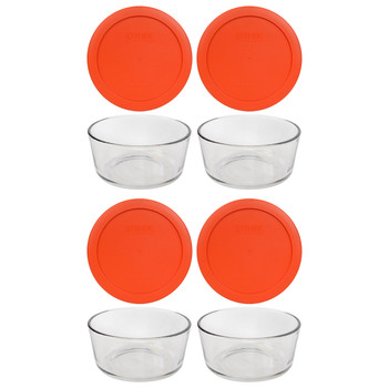 Pyrex 7201 4-Cup Round Glass Food Storage Bowl w/ 7201-PC Pumpkin Orange Lid Cover (4-Pack)