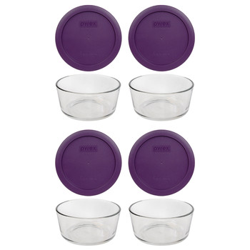 Pyrex 7201 4-Cup Round Glass Food Storage Bowl with 7201-PC Purple Plastic Lid Cover (4-Pack)