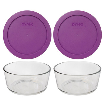 Pyrex 7201 4-Cup Round Glass Food Storage Bowl with 7201-PC Thistle Purple Lid Cover (2-Pack)