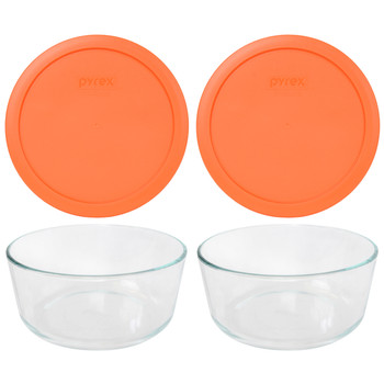 Pyrex 7203 7-Cup Round Glass Food Storage Bowl w/ 7402-PC Orange Plastic Lid Cover (2-Pack)