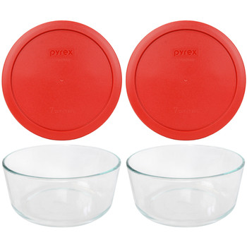 Pyrex 7203 7-Cup Round Glass Food Storage Bowl w/ 7402-PC Poppy Red Plastic Lid Cover (2-Pack)