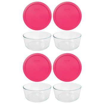 Pyrex 7203 7-Cup Round Glass Food Storage Bowl w/ 7402-PC Fuchsia Pink Plastic Lid Cover (4-Pack)