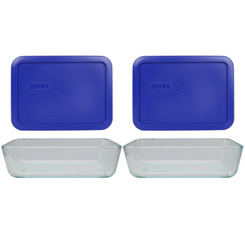 Pyrex 7210 3-Cup Rectangle Glass Food Storage Dish w/ 7210-PC Cadet Blue Lid Cover (2-Pack)