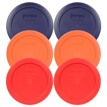 Pyrex 7200-PC (2) Blue, (2) Orange, and (2) Red Round Plastic Food Storage Replacement Lids