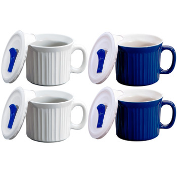 Corningware 20oz French White & Blue Meal Mugs with Vented Plastic Lids