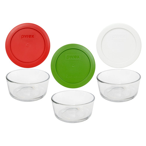 Pyrex (3) 7200 2-Cup Glass Bowls & Holiday Themed Red, White, & Green Lid