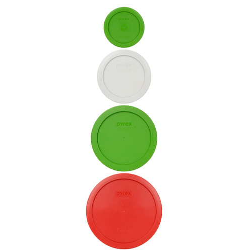 Pyrex (1) 7402-PC Poppy Red Lid, (1) 7201-PC Lawn Green Lid, (1) 7200-PC Sleek Silver Lid, & (1) 7202-PC Lawn Green Lid