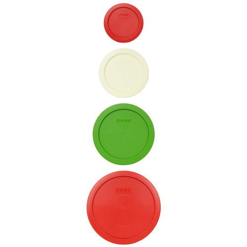 Pyrex (1) 7402-PC Poppy Red Lid, (1) 7201-PC Lawn Green Lid, (1) 7200-PC Sour Cream Lid, & (1) 7202-PC Poppy Red Lid