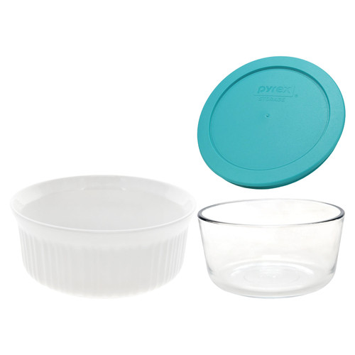 CorningWare FS1 2.5qt / 2.35L Round French White Casserole Dish and Pyrex 7201 4-Cup Glass Bowl with 7201-PC Turquoise Lid