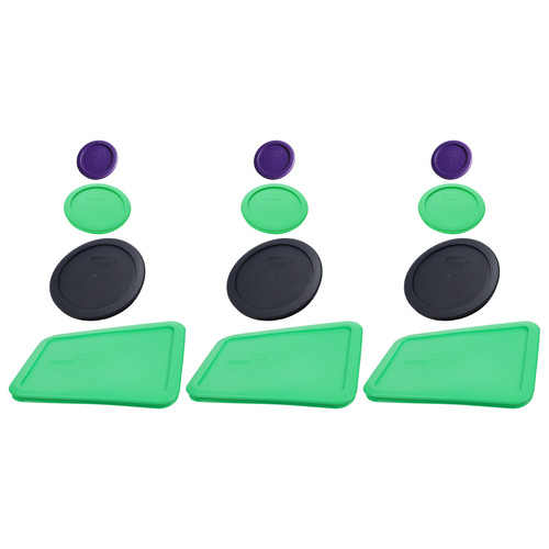 Pyrex (3) 7202-PC 1-Cup Plum Purple, (3) 7200-PC 2-Cup Bright Green, (3) 7201-PC 4-Cup Black, and (3) 7210-PC 3-Cup Bright Green Lids