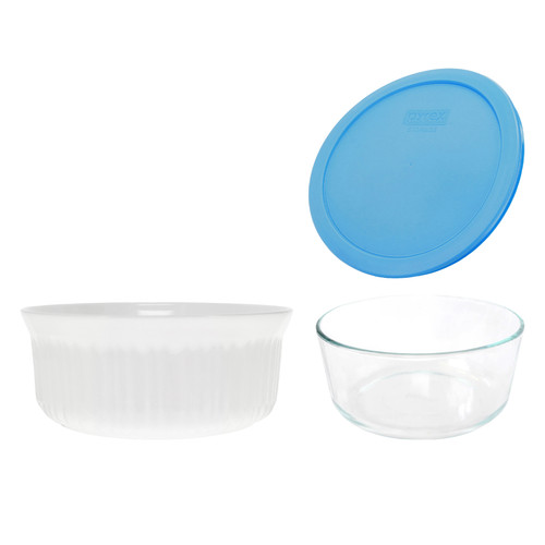 CorningWare FS1 2.5qt / 2.35L Round French White Casserole Dish and Pyrex 7203 7-Cup Glass Bowl with 7402-PC 6/7-Cup Bright Blue Pantone Lid