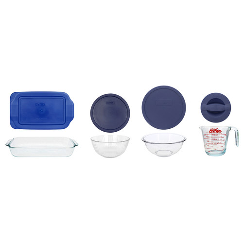 Pyrex (1) 222 2qt Dish with Blue Lid, (1) 7403 10 Cup/2.5L Sculpted Mixing Bowl, (1) 325 2.5qt Mixing Bowl with Cadet Blue Lid, (1) 6001075 2 Cup Glass Measuring Cup with Dark Blue Lid