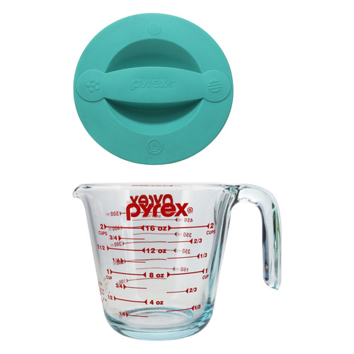 Pyrex (1) 2 Cup Glass Measuring Cup and (1) 516-RRD-PC 2 Cup Sea Glass Green Measuring Cup Lid