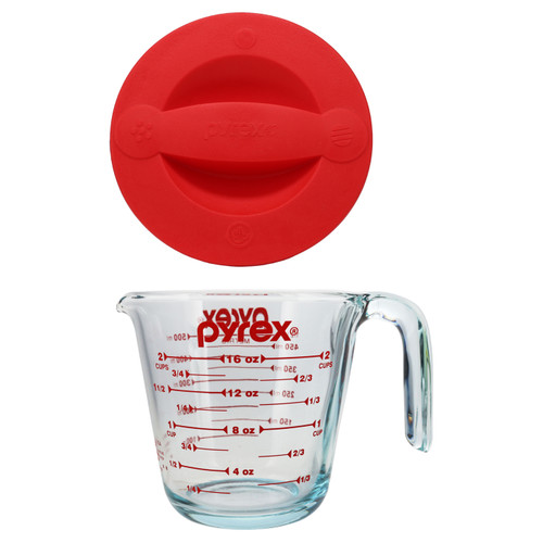 Pyrex (1) 2 Cup Glass Measuring Cup and (1) 516-RRD-PC 2 Cup Red Measuring Cup Lid