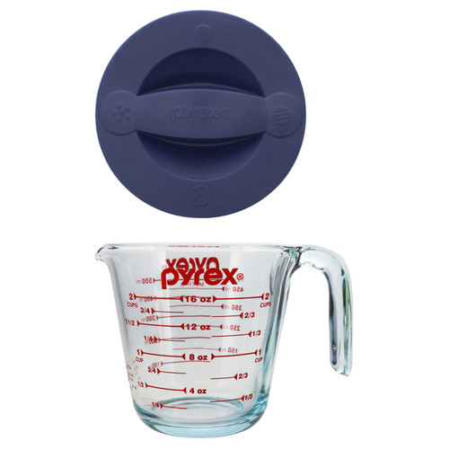 Pyrex (1) 2 Cup Glass Measuring Cup and (1) 516-RRD-PC 2 Cup Dark Blue Measuring Cup Lid
