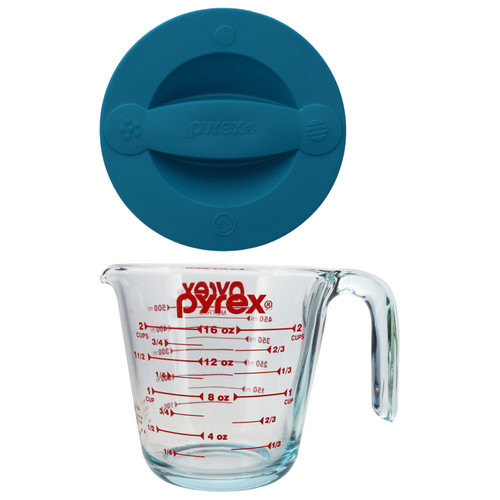 Pyrex 2 Cup Glass Measuring Cup and (1) 516-RRD-PC 2 Cup Adriatic Blue Measuring Cup Lid