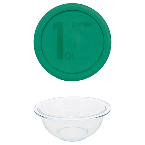 Pyrex 1-Quart Glass Mixing Bowl with Green Plastic Lid, Ideal for Food Storage and Meal Prep
