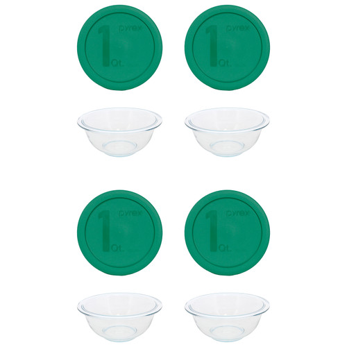 Pyrex (4) 322 1qt Glass Mixing Bowls and (4) 322-PC 1qt Green Mixing Bowl Lids