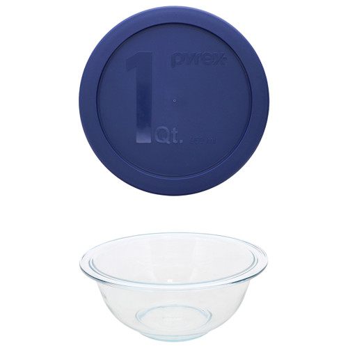 Pyrex (1) 5302485 322 1qt Glass Mixing Bowl and (1) 322-PC 1133957 1qt Blue Mixing Bowl Lid