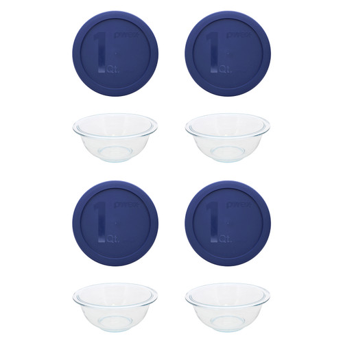 Pyrex (4) 5302485 322 1qt Glass Mixing Bowls and (4) 322-PC 1133957 1qt Blue Mixing Bowl Lids